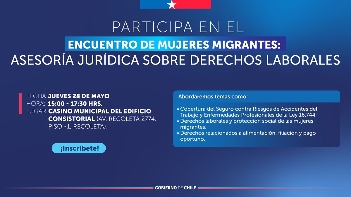 ISLChile's tweet photo. Te invitamos a participar del "Encuentro de mujeres migrantes" que informará sobre derechos laborales y acceso a protección social, fortaleciendo el conocimiento de las mujeres migrantes sobre el Seguro de Accidentes del Trabajo. 

Inscríbete aquí https://t.co/WLQ6BDXGqk https://t.co/h5IlMCaLK2