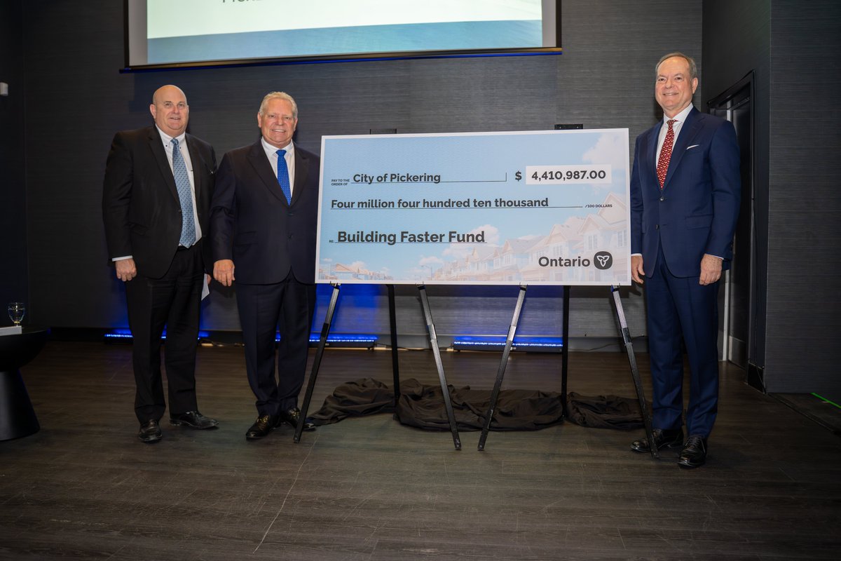 InvestPickering's tweet photo. Yesterday, @InvestPickering hosted its third annual Economic Outlook Event at the @PickeringCasino Resort.  This event brings together Pickering's businesses, developers, and  stakeholders from a variety of industry sectors to provide key updates  and share a vision for the future of the City's economic future.
 
This year we were honoured to host Premier @fordnation as our keynote speaker, who announced that for the third year, @CityofPickering qualified  for the Building Faster Fund. The city was presented with a cheque for  4.4 million dollars for meeting the housing targets set by the province.  Speakers also included Minister of Finance @PBethlenfalvy , Luca Ceccato, Senior VP of Nuclear Refurbishment at @opg, @MayorKevinAshe, and Director of Economic Development Fiaz Jadoon Ec.D., CEcD.
 
From  the refurbishment of the Pickering Nuclear Generating Station to the  ongoing progress of the Innovation Corridor, the morning's speakers  highlighted the excitement and opportunity of the years ahead.
