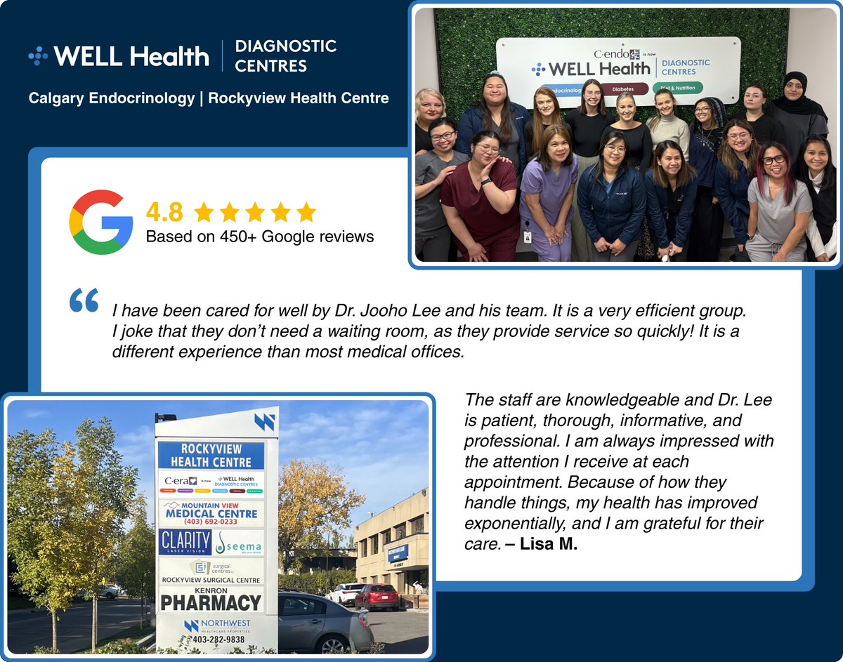 welldiagnostics's tweet photo. This week we’re featuring our diagnostic centre in Calgary, where we provide AHCIP-covered consultations for endocrinology, diabetes, and diet and nutrition. Led by Steven Jones and Joshua Rhodes, their team has earned a 4.7 Google star rating from 450+ patient reviews! https://t.co/nLdGiyziii