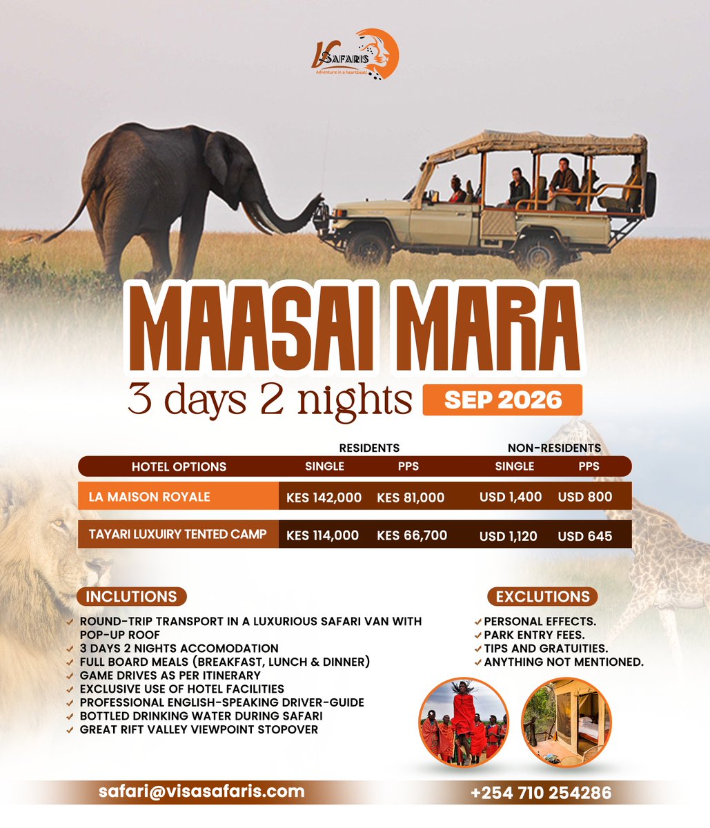 VisaSafaris's tweet photo. Picture yourself in an open-top Land Cruiser, golden dust swirling, a lion lounging 10 metres away — this isn't a dream, it's the Mara! 
Book with us +254 710 254 286 https://t.co/ewz9ksGeAM
