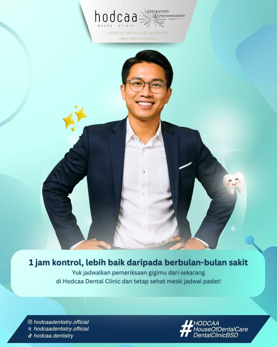 Hello__Dental's tweet photo. Sibuk kerja, meeting, deadline sampai lupa kontrol gigi? 😬 Padahal, kesehatan gigi itu nggak butuh waktu lama lho, cukup rutin &amp; konsisten.

Jangan tunggu sakit dulu baru datang ya!

#HodcaaDentalClinic #DentalClinicBSD #HodcaaBSD #PremiumDentalClinic #aestheticdental https://t.co/Q1pHh83GDx