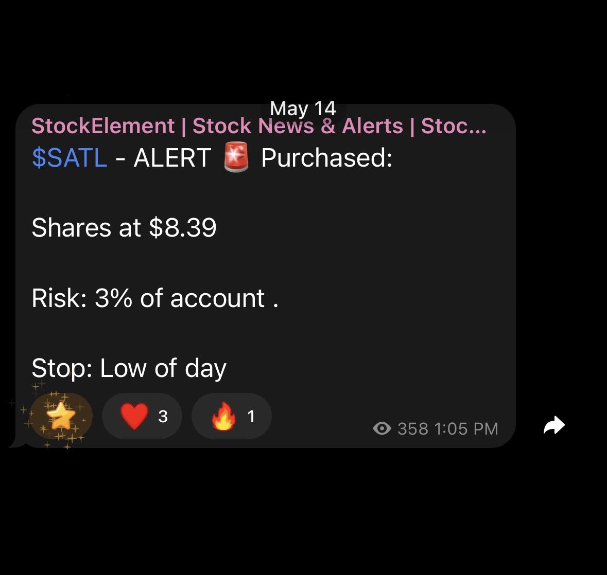 stock_element's tweet photo. $SATL - Easy +11% gain to start the day in a sea of redness in the market. 

Trimmed our position, set the stoploss to breakeven. This is what we teach our members . Now we let the position work for us. https://t.co/PTS7czTkkn