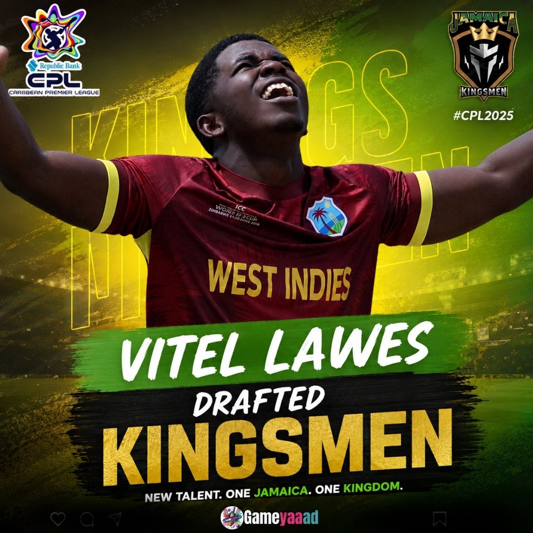 gameyaaad's tweet photo. Vitel Lawes was drafted by Jamaica Kingsmen using the Right To Match option 
#CPL26 | #JamaicaKingsmen | #CPLDraft | #VitelLawes | #Gameyaaad https://t.co/mdXVgBI06r