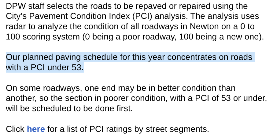 JohnVanScoyoc's tweet photo. Newton's (and increasingly Brookline's) approach to street repair/repaving: When a street needs fixing, it gets fixed. (Screenshot from recent "Newton Update" by Mayor Marc Laredo.) https://t.co/zYkIP4KPcf