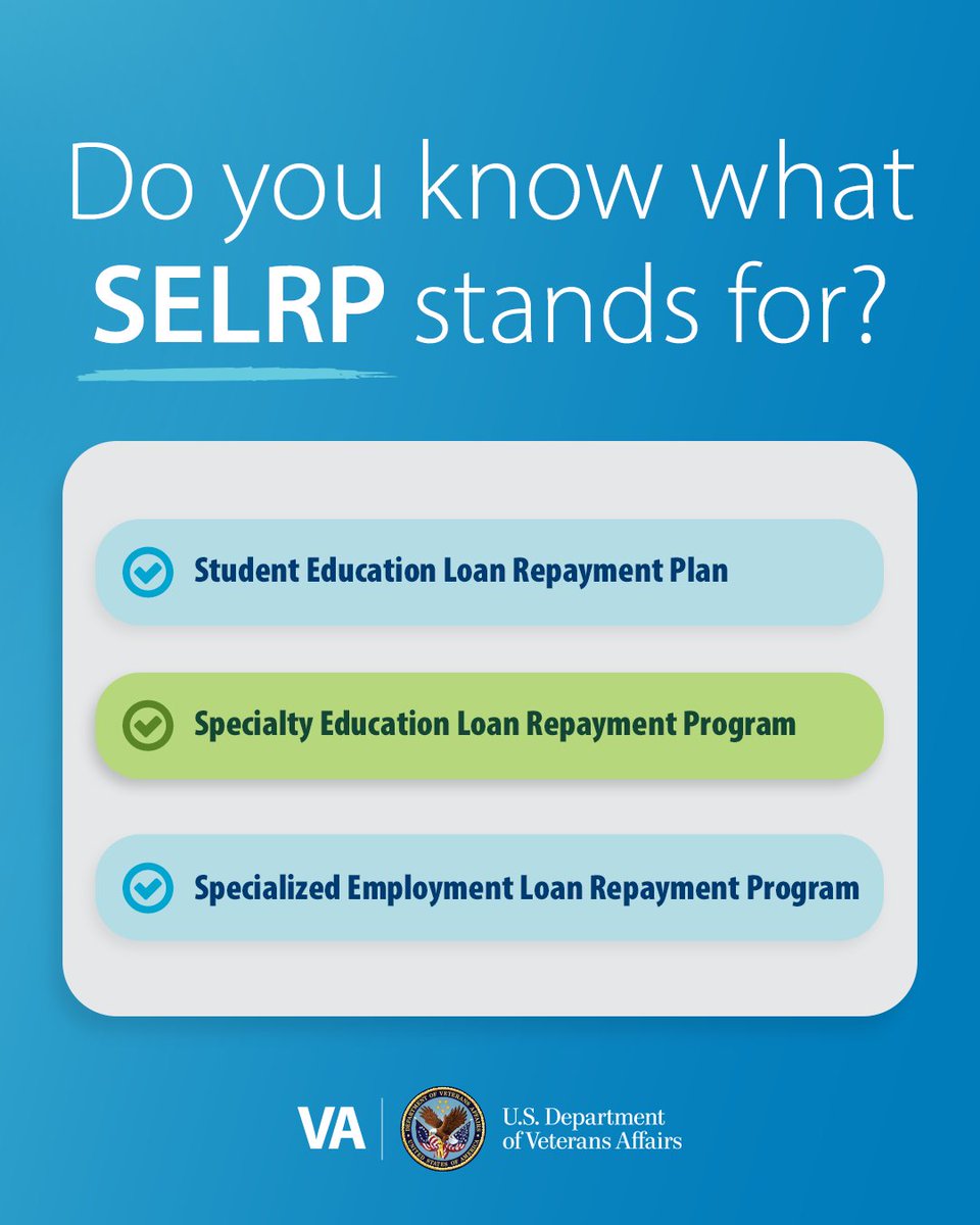 vacareers's tweet photo. Do you know what SELRP stands for?

Speciality Education Loan Repayment Program.

Available for eligible VA roles. Application deadline is May 31, 2026. 

Learn more: https://t.co/qDpFLqlvsr

#NextGenVA https://t.co/Yj8yzuAMIN