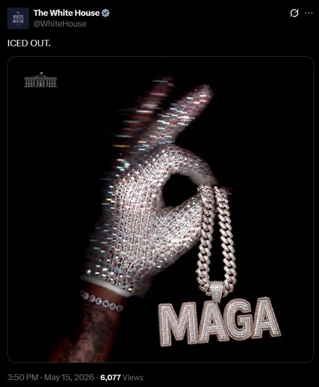WarScopeIntel's tweet photo. The White House posted an edited version of the album cover for ICEMAN by Drake, featuring a "MAGA" chain, with the caption, "ICED OUT." https://t.co/G9FaEImXOV