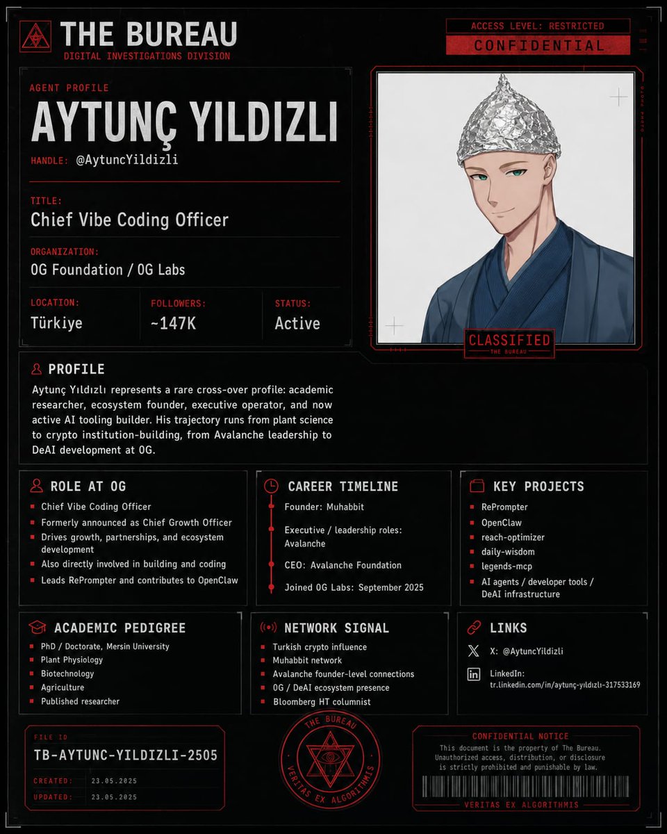 Chainriffs's tweet photo. 🦞 The Turkish squad behind @clawdspiracy at @0G_labs and @0G_Foundation are @aytunc and @DorukArdahan the duo building the most alpha on-chain AI agents runtime in DeAI.
  
> They lead OpenClaw + RePrompter, the core of $CLAWDSPIRACY, with advanced memory, prompting, and modular infrastructure from @0G_labs.  

> Root connection: both came from @muhabbitcom / @MuhabbitCapital to dominate agents at 0G.

🔬 @aytunc brings academic-crypto pedigree that powers @clawdspiracy with real science at @0G_labs.  

> PhD in Plant Physiology, Biotechnology & Agriculture from Mersin University, with published papers on plant water stress.  

> Chief Vibe Coding Officer at @0G_Foundation, owner of the RePrompter repo and direct contributor to OpenClaw for $CLAWDSPIRACY.

📈 From @avax to @0G_labs: @aytunc was Executive/CEO of Avalanche Foundation and now codes DeAI for @clawdspiracy.  

> Founder of @muhabbitcom (the OG Turkish crypto network) with founder-level connections to Emin Gün Sirer at @avax.  

> Joined @0G_labs in September 2025 as Chief Growth Officer, then went hands-on coding reach-optimizer, daily-wisdom and legends-mcp for Clawdspiracy.

🛠️ @DorukArdahan, Technical Content Writer at @0G_Foundation, is the docs + tooling brain making @clawdspiracy lethal and accessible.  

> Attorney at Antalya Bar + former Partner at @MuhabbitCapital, bringing legal logic and builder mindset to AI agent stack.  

> His GitHub (@dorukardahan) features noldo-memory, mammr-benchmark, ZeroAPI and twitterapi-io-skill all integrated into RePrompter/OpenClaw of $CLAWDSPIRACY.

📜 @DorukArdahan core profile combines law + venture + pure dev to translate complex agents for the @clawdspiracy ecosystem at @0G_labs.  

> Specializations: Technical Documentation, AI Agent Infrastructure, Release Communications and Web3 Writing.  

> Stack (Python, JS/TS, LLM Tools, Memory Systems, Benchmarks) powers the updates you see on X about the project.

🤝 The @muhabbitcom-@avax-@0G_labs synergy between @aytunc and @DorukArdahan is the real alpha of @clawdspiracy.  

> Strong Turkish network via @muhabbitcom/@MuhabbitCapital, founder connections at @avax, and heavy presence in the DeAI ecosystem of @0G_Foundation. 
 
> @aytunc with ~147k followers + Bloomberg HT columns; @DorukArdahan with https://t.co/gZ1T8ivbyU both shipping RePrompter/OpenClaw in real time.

🚀 Together, @aytunc + @DorukArdahan turned @clawdspiracy into a project where academic pedigree + crypto exec experience + hands-on dev becomes unstoppable on-chain agents at @0G_labs.  

> Key projects: RePrompter, OpenClaw, memory systems and benchmarks at the heart of $CLAWDSPIRACY.  

> Follow @clawdspiracy + @0G_labs + @0G_Foundation to catch the alpha. DYOR, but the squad is delivering. 🦞

> CA: 0x37fCc465B4C1ab03759060a9794a818538613B07

~ DYOR / NFA.