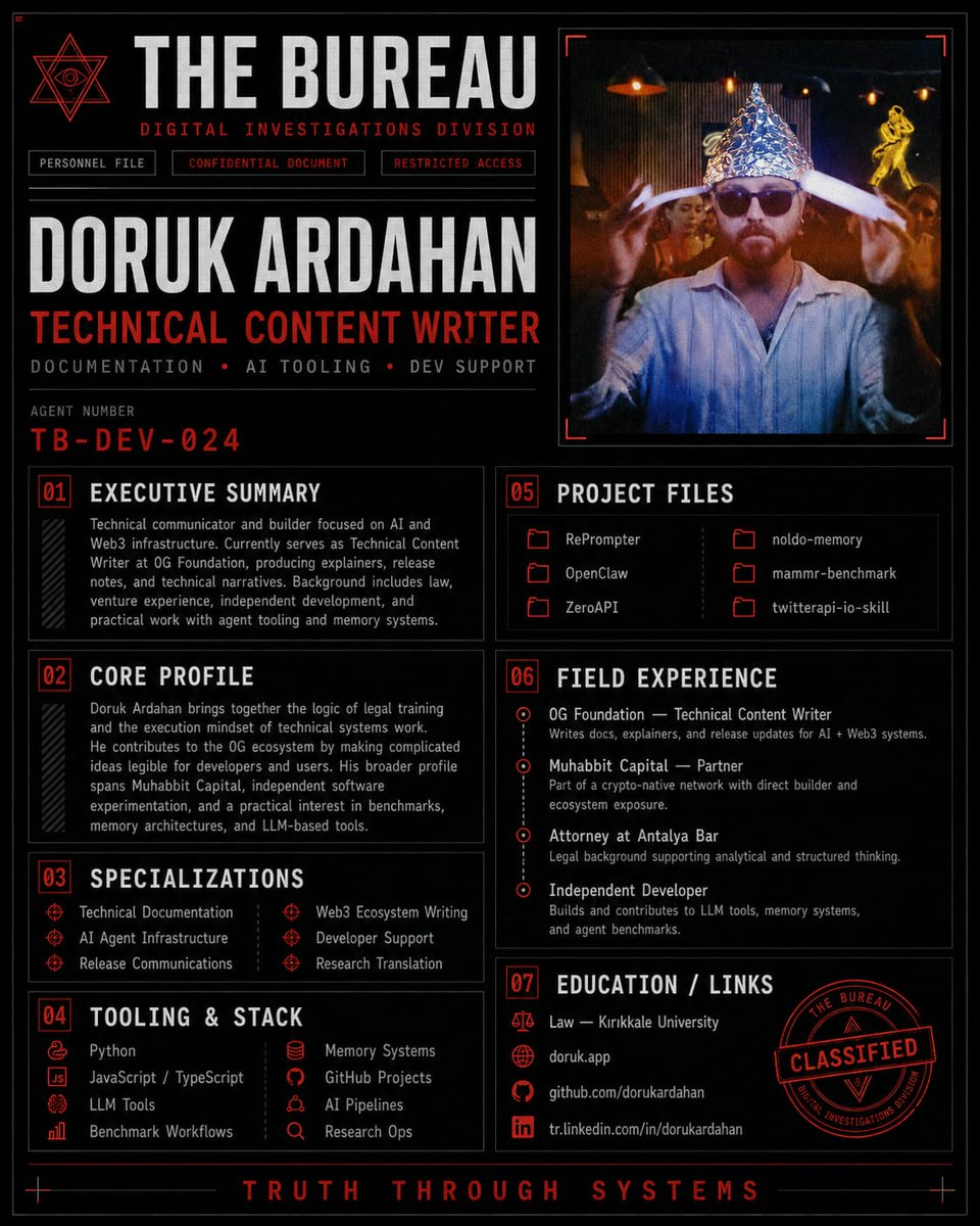 Chainriffs's tweet photo. 🦞 The Turkish squad behind @clawdspiracy at @0G_labs and @0G_Foundation are @aytunc and @DorukArdahan the duo building the most alpha on-chain AI agents runtime in DeAI.
  
> They lead OpenClaw + RePrompter, the core of $CLAWDSPIRACY, with advanced memory, prompting, and modular infrastructure from @0G_labs.  

> Root connection: both came from @muhabbitcom / @MuhabbitCapital to dominate agents at 0G.

🔬 @aytunc brings academic-crypto pedigree that powers @clawdspiracy with real science at @0G_labs.  

> PhD in Plant Physiology, Biotechnology & Agriculture from Mersin University, with published papers on plant water stress.  

> Chief Vibe Coding Officer at @0G_Foundation, owner of the RePrompter repo and direct contributor to OpenClaw for $CLAWDSPIRACY.

📈 From @avax to @0G_labs: @aytunc was Executive/CEO of Avalanche Foundation and now codes DeAI for @clawdspiracy.  

> Founder of @muhabbitcom (the OG Turkish crypto network) with founder-level connections to Emin Gün Sirer at @avax.  

> Joined @0G_labs in September 2025 as Chief Growth Officer, then went hands-on coding reach-optimizer, daily-wisdom and legends-mcp for Clawdspiracy.

🛠️ @DorukArdahan, Technical Content Writer at @0G_Foundation, is the docs + tooling brain making @clawdspiracy lethal and accessible.  

> Attorney at Antalya Bar + former Partner at @MuhabbitCapital, bringing legal logic and builder mindset to AI agent stack.  

> His GitHub (@dorukardahan) features noldo-memory, mammr-benchmark, ZeroAPI and twitterapi-io-skill all integrated into RePrompter/OpenClaw of $CLAWDSPIRACY.

📜 @DorukArdahan core profile combines law + venture + pure dev to translate complex agents for the @clawdspiracy ecosystem at @0G_labs.  

> Specializations: Technical Documentation, AI Agent Infrastructure, Release Communications and Web3 Writing.  

> Stack (Python, JS/TS, LLM Tools, Memory Systems, Benchmarks) powers the updates you see on X about the project.

🤝 The @muhabbitcom-@avax-@0G_labs synergy between @aytunc and @DorukArdahan is the real alpha of @clawdspiracy.  

> Strong Turkish network via @muhabbitcom/@MuhabbitCapital, founder connections at @avax, and heavy presence in the DeAI ecosystem of @0G_Foundation. 
 
> @aytunc with ~147k followers + Bloomberg HT columns; @DorukArdahan with https://t.co/gZ1T8ivbyU both shipping RePrompter/OpenClaw in real time.

🚀 Together, @aytunc + @DorukArdahan turned @clawdspiracy into a project where academic pedigree + crypto exec experience + hands-on dev becomes unstoppable on-chain agents at @0G_labs.  

> Key projects: RePrompter, OpenClaw, memory systems and benchmarks at the heart of $CLAWDSPIRACY.  

> Follow @clawdspiracy + @0G_labs + @0G_Foundation to catch the alpha. DYOR, but the squad is delivering. 🦞

> CA: 0x37fCc465B4C1ab03759060a9794a818538613B07

~ DYOR / NFA.