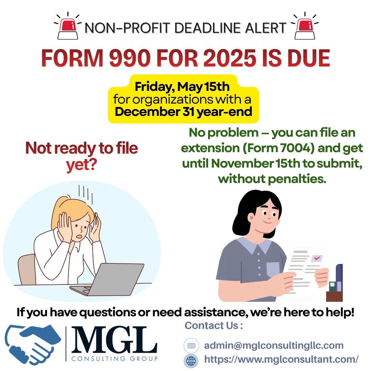 MGL_TaxCFO's tweet photo. Today is the deadline for Non-Profit Form 990 filings for organizations with a December 31 year-end.

Not ready to file yet? 

You may still be able to submit an extension and avoid penalties. Contact us today if you need assistance with your 990 or extension filing. https://t.co/aPRzFGIm2E