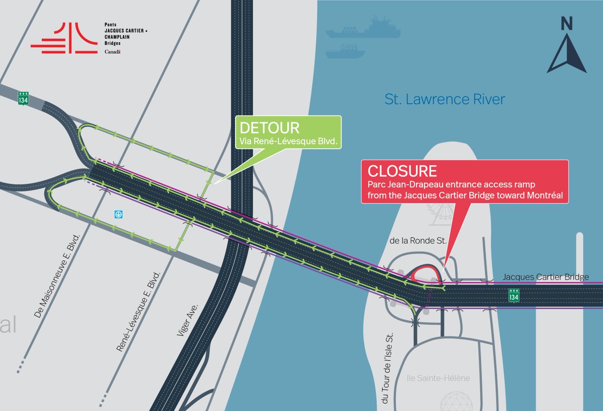 pontJCBridge's tweet photo. Jacques Cartier Bridge | Complete night closure of the Parc Jean-Drapeau ramp toward Montreal on May 15
See notice: https://t.co/z0qK7PcisI
 #JCCBI #JacquesCartierBridge #mobilitéMTL https://t.co/N7qRvwZfuN