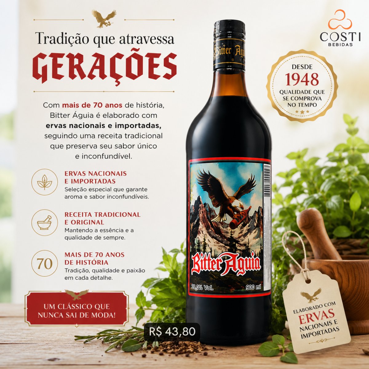 costibebidas's tweet photo. Mais de 70 anos de tradição em uma bebida única e marcante. 🍷✨

A Bitter Águia atravessa gerações mantendo sua receita clássica elaborada com ervas nacionais e importadas, entregando personalidade, intensidade e um sabor inconfundível.
#BitterAguia #CostiBebidas https://t.co/uJQRqZryKO
