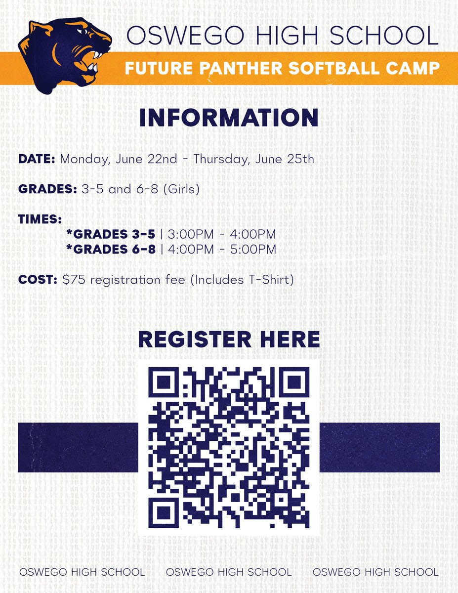 OHSPantherSB's tweet photo. Registration for Oswego Softball Summer Camp is open!

Join the fun, sharpen your skills, and compete with the Panthers this summer!🥎💪

If you have any questions please reach out to Coach Hailey (hailey-morland@sd308.org)

Camp Registration Link:  https://t.co/uBZiNKv3jg https://t.co/MpPyh6CM4Y