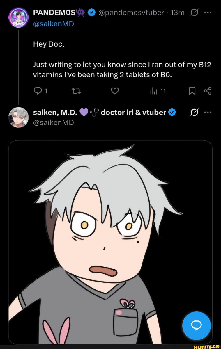 theeldritchneko's tweet photo. @saikenMD is clearly amazed by this genius so i'm gonna do 12 tablets of B1 https://t.co/klb2SKZgWQ