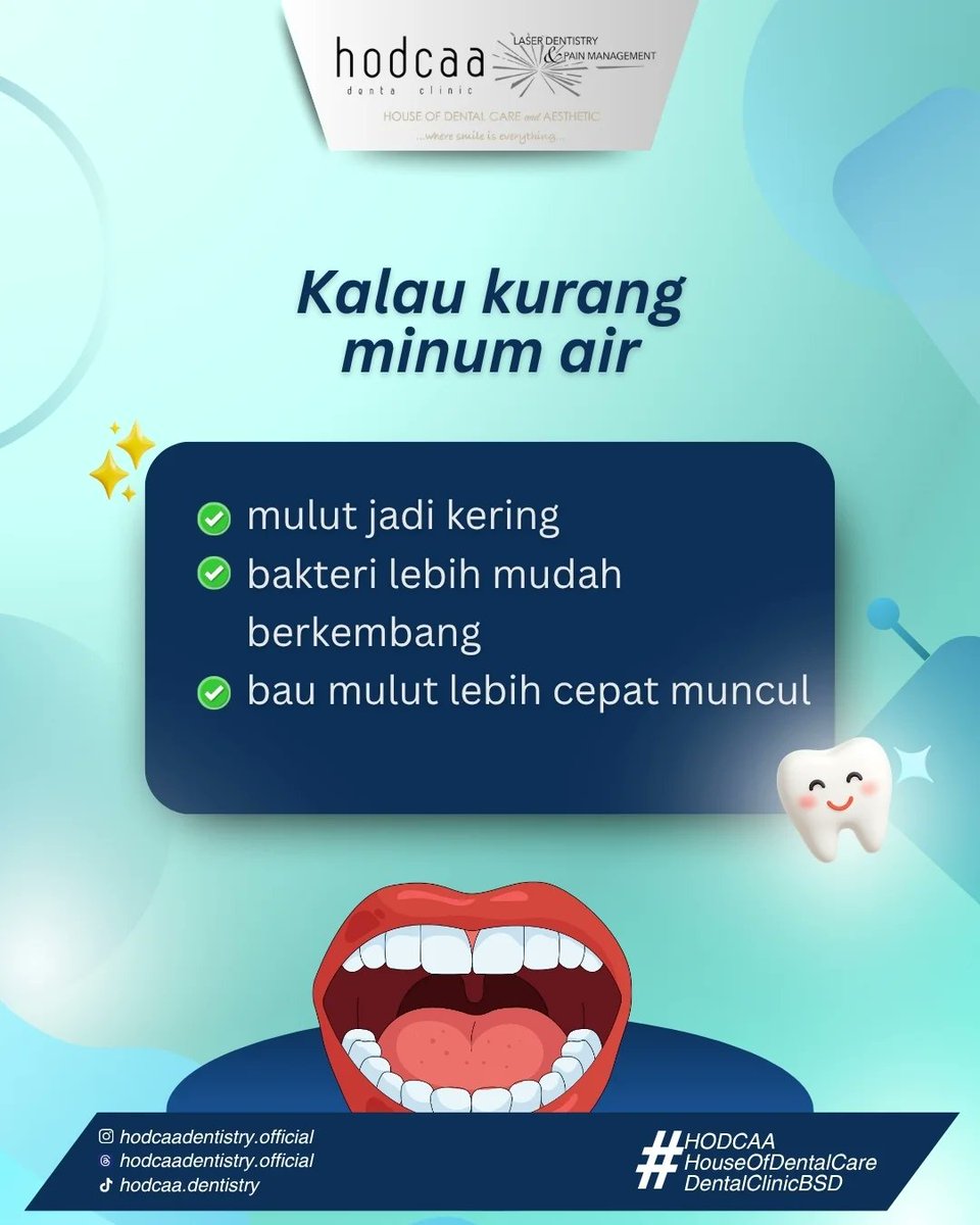Hello__Dental's tweet photo. Air putih penting bukan hanya untuk tubuh, tapi juga untuk kesehatan gigi kita! Kalau jarang minum air putih, gigi bisa jadi rentan terhadap masalah, lho. Yuk, jaga kesehatan gigi dengan rajin minum air putih! 🥤✨

#HodcaaDentalClinic #DentalClinicBSD #HodcaaBSD https://t.co/yQXFnbEaas