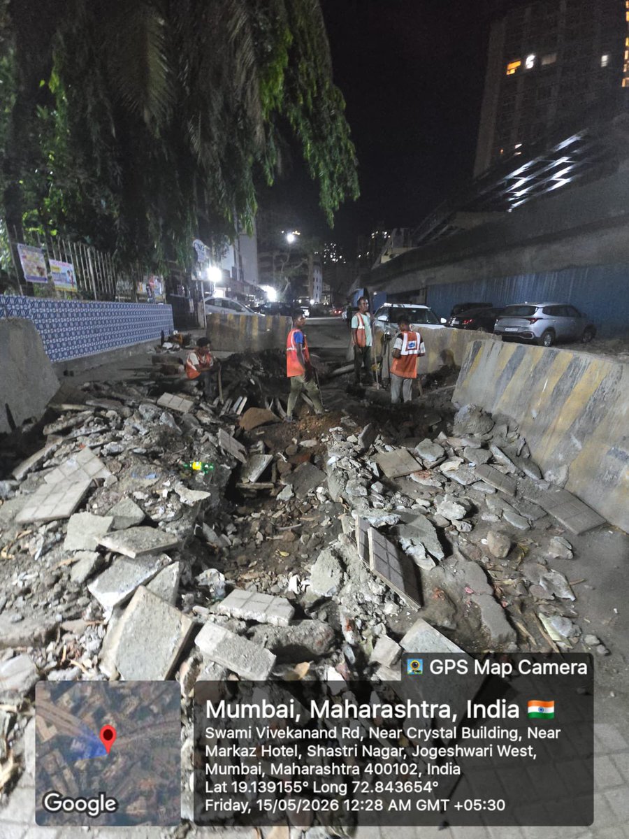 AbidTamboli5's tweet photo. REMINDER:1
Without Permission Road Excavation Work is going on front of Crystal Park  Near Markaz Restaurant, Beside JVLR Bridge, Jogeshwari West, Mumbai:400102.

Huge excavation work carried out during night hours without displaying proper work order copy, permission details, safety signboards, reflective barricades or public information board. Footpath and road both damaged causing danger to pedestrians and motorists.

@mybmcwardKW @mybmc are requested to immediately inspect the site and take strict penalty action against J. Kumar,Labour are visible in photos.

This illegal digging may damage underground utilities, water lines, drainage and public property. Immediate restoration and safety compliance required before any accident occurs.

Work in progress

@mybmc @mybmcRoads @WardKWest #Jogeshwari #Mumbai #RoadSafety #IllegalDigging #BMC #JVLR