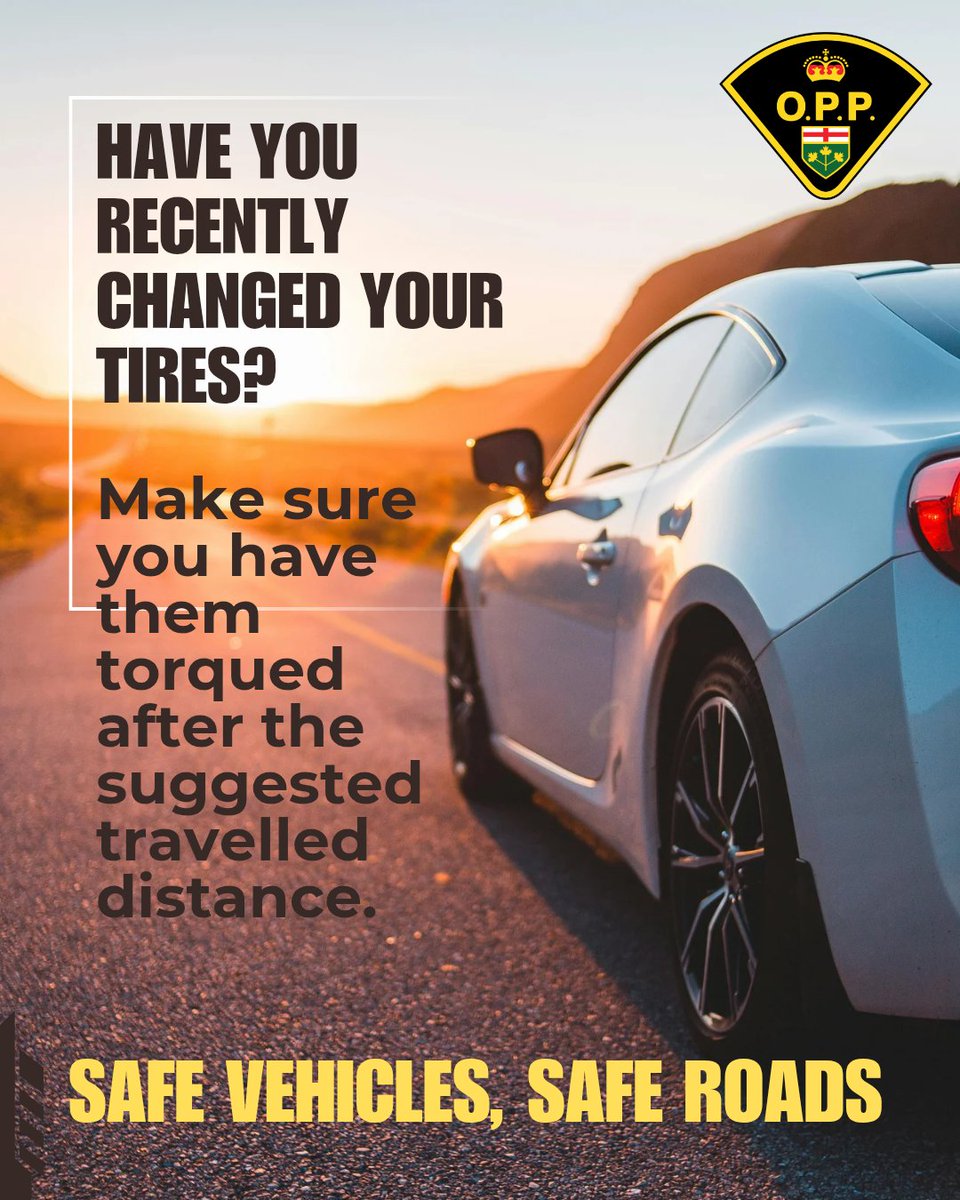 OPP_WR's tweet photo. Heading out for a drive this #longweekend?
#OxfordOPP wants to remind everyone in @OxfordCounty, who has recently switched their tires, to please make sure the torque has been checked after the suggested kilometers travelled. 
This time of year there are often reports of vehicles losing a wheel while traveling on roadways. 
Please don't let this be you. 
It is always important to perform a  perimeter safety check of your vehicle. It is encouraged to do a more thorough one after a service such as tire changes.
We want everyone to #ArriveAlive this #VictoriaDayWeekend
Please #DriveSafe #DriveSmart and #DriveSober ^rc