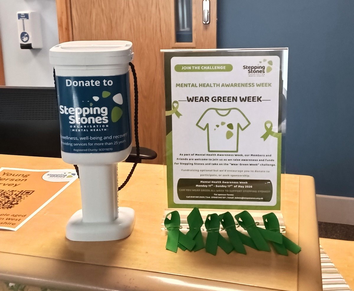 StepStones1995's tweet photo. What a week! MH Awareness Week activities included Wellbeing Morning, Wear Green Challenge, Group Activities, Positive Futures Course, info stand at the Vale &amp; todays bucket collection &amp; stall at Clyde Shopping Centre. Thanks to everyone who has taken part. #mentalhealthawareness https://t.co/XnyKIYd4Gq