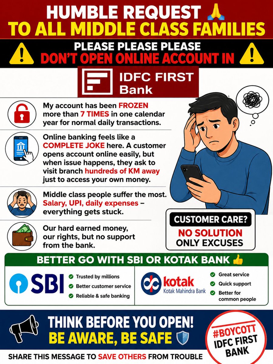 Shivamsandy187's tweet photo. #BoycottIDFCFIRSTBank #IDFCFIRSTBank #BankingFailure #AccountFreeze #DigitalIndia #PoorCustomerService #ConsumerRights #MiddleClass #OnlineBanking #UPI #BankingScam
@IDFCFIRSTBank @RBI @FinMinIndia @jagograhakjago @moneycontrolcom @EconomicTimes @CNBCTV18News @ndtv @aajtak https://t.co/ItkrBguj3c