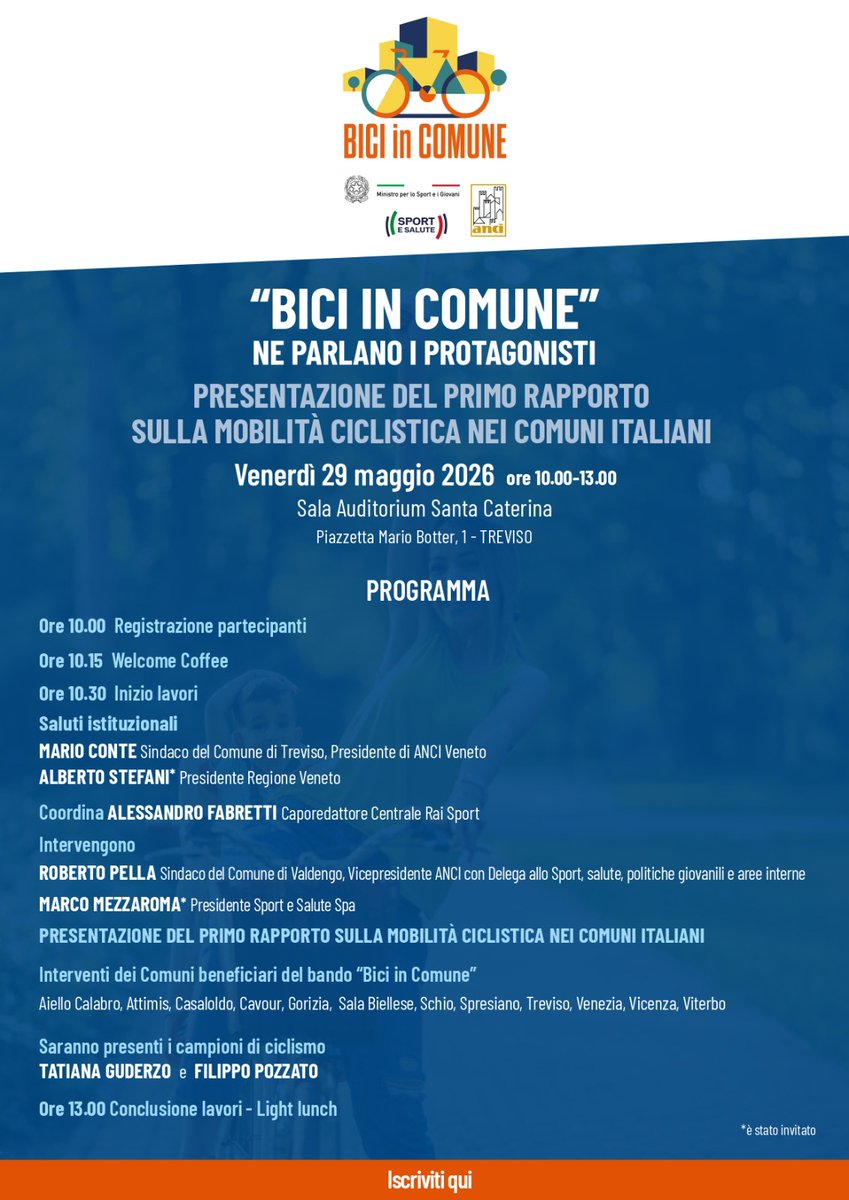 comuni_anci's tweet photo. 🚲 BICI IN COMUNE
Il 29 maggio a Treviso il secondo appuntamento nazionale del progetto Anci, Ministro per lo Sport e i Giovani, Dipartimento per lo Sport, Sport e Salute S.p.A.

Sarà presentato il primo Rapporto sulla mobilità ciclistica nei Comuni. 📝https://t.co/ExwadFblIQ https://t.co/5BDuwCl70D
