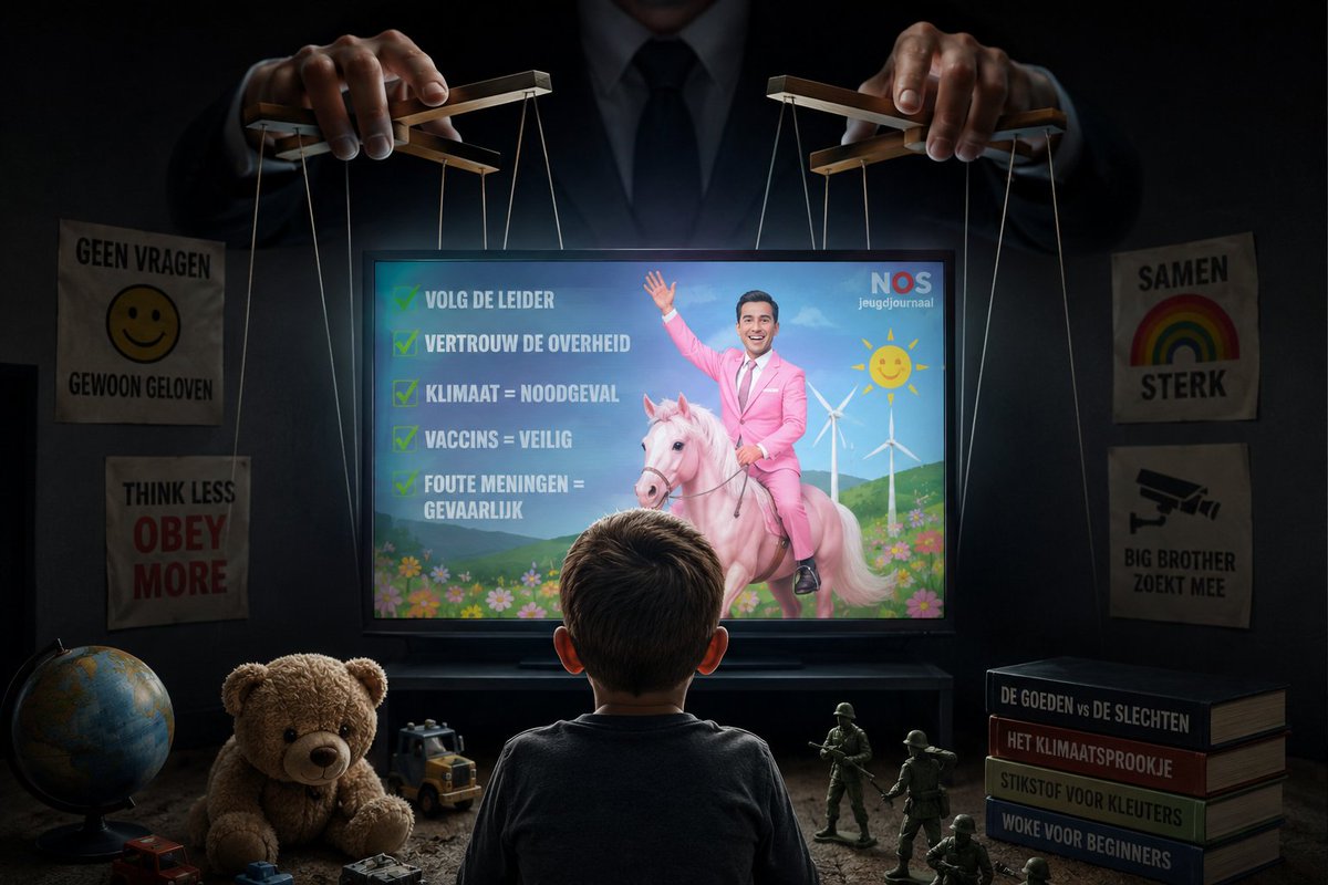 Gerardcolumn's tweet photo. Hoe jonger, hoe kneedbaarder.

Tussen een ontroerend filmpje van een pasgeboren olifantje en de nieuwste levensbelangrijke make-uples van een influencer door, krijgt de jonge kijker de Grote Waarheden met een paplepel ingegoten.

Het script is even simpel als geniaal: de Goeden versus de Slechten.

In het Oosten woont de Grote Boze man, in het Zuiden de Heilige held. Ingewikkelde geopolitieke nuances? Eeuwenoude corruptie? Neonazi's die gezellig meevochten in de loopgraven? Welnee, dat past natuurlijk niet in het vrolijk gekleurde kinderjournaal. Dat is veel te vermoeiend voor de tere, hypergevoelige kinderziel.

Stel je voor dat ze gaan nadenken.

Het grote, gratis klimaatsprookje. De energietransitie is één groot, fantastisch tekenfilmavontuur! Warmtepompen groeien gewoon aan de struiken en kosten niets, windmolens draaien op pure, gratis wind en zijn onze redding, en de ex van de ex man van Barbie, Rob Jetten , galoppeert op zijn roze paard voorop om ons te redden van de opwarming.

Dat ondertussen de complete industrie kapot wordt gemaakt en de energierekening voor de gewone burger onbetaalbaar wordt, is slechts een onbelangrijk detail dat we voor de gezelligheid gewoon weg censureren. Sfeer is immers ook wat waard.

De stikstofuitleg voor kleuters.
Boeren die al generaties lang ons voedsel verbouwen, verdwijnen natuurlijk niet omdat een , corrupt AERIUS rekenmodel ze de nek omdraait. Welnee! Ze maken gewoon "ruimte voor de natuur". Is dat niet lief van ze?
Dat er complete gezinnen kapotgaan, de pure wanhoop toeslaat aan de keukentafel en mensen zich ophangen uit pure wanhoop, verpest het vrolijke verhaaltje op het televisiescherm. Dus dan bestaat het simpelweg niet. Wat je niet ziet, is er niet.

Waarom zelf nadenken zó ouderwets is.

Het is een meesterlijke strategie van onze leiders. Hoe jonger het brein, hoe soepeler het kneedbaar is.
Waarom zou je immers wachten tot burgers achttien zijn en irritante, kritische vragen gaan stellen over de invoering van een totale controle staat, de digitale euro of het definitief weggeven van onze nationale soevereiniteit? Dat is toch zonde van de tijd?

Als je ze vanaf hun achtste al inwrijft dat de almachtige overheid er puur is om hen te beschermen tegen het gevaarlijke klimaat, tegen enge virussen en vooral tegen 'foute' meningen, dan kweek je eigenhandig de perfecte, makke en gehoorzame modelburger van de toekomst.

Geen enkele leraar zal op maandagochtend de sfeer verpesten door te vertellen dat we op weg zijn naar een totalitair model waarin een elite bepaalt wat er op je bord ligt, hoe koud je erbij zit en wat je nog hardop mag denken. Dat staat immers niet in de door de staat goedgekeurde lesmethode.

De klas knikt braaf, de juf glimlacht, en de volgende generatie gelooft werkelijk alles.

Slaap zacht, Nederland. De jeugd is in uitstekende, sturende handen.
Gerard Krispijn