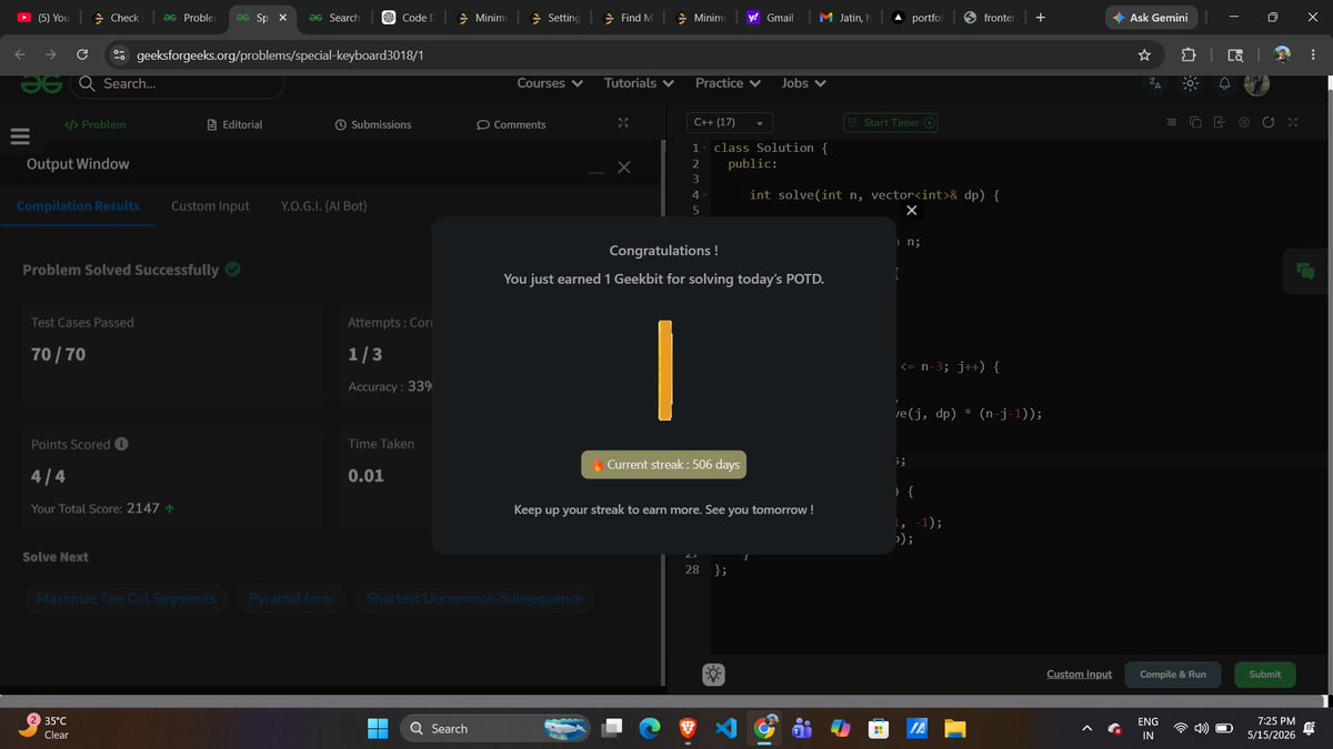 Jatin_lifo82's tweet photo. 🌟Day 499👨‍💻. 
Solve @geeksforgeeks || @LeetCode 
POTD Cpp⚡
Question LC.  153. Find Minimum in Rotated Sorted Array Medium✅. 
Question GFG. Special Keyboard Medium✅. 
#geeksforgeeks #leetcode #DSA #POTD 
@LeetCode @geeksforgeeks #CPP25 #CodingChallenge https://t.co/D6QfdQLkF5