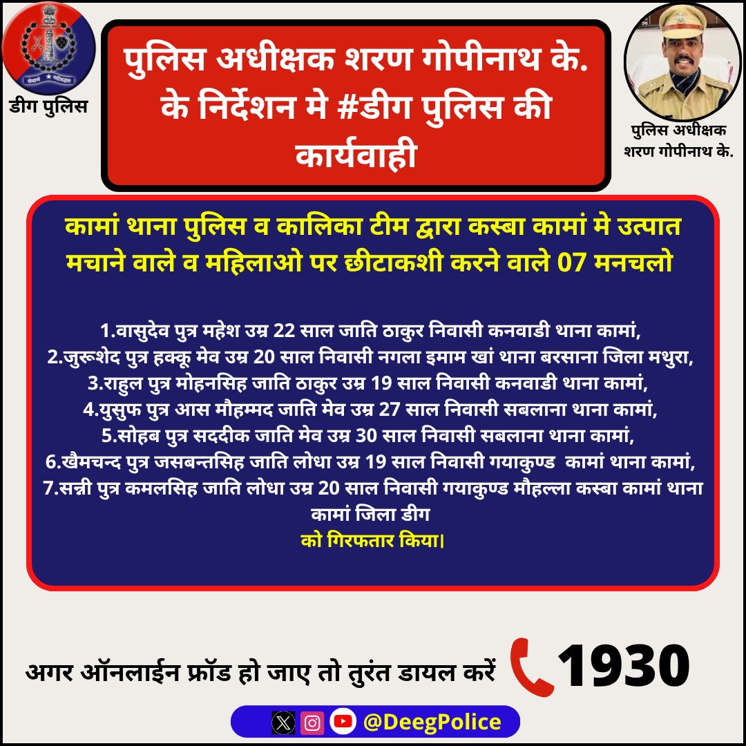 DeegPolice's tweet photo. पुलिस अधीक्षक शरण गोपीनाथ के. के निर्देशन मे #डीग पुलिस की कार्यवाही
#कामां थाना व #कालिका टीम द्वारा मे उत्पात मचाने वाले व महिलाओ पर छीटाकशी करने वाले 07 मनचलो को गिरफतार किया।
#RajasthanPolice #KalikaPatrollingUnit #WomenSafety #NariSuraksha #WomenEmpowerment https://t.co/aDoEKeP4Mv