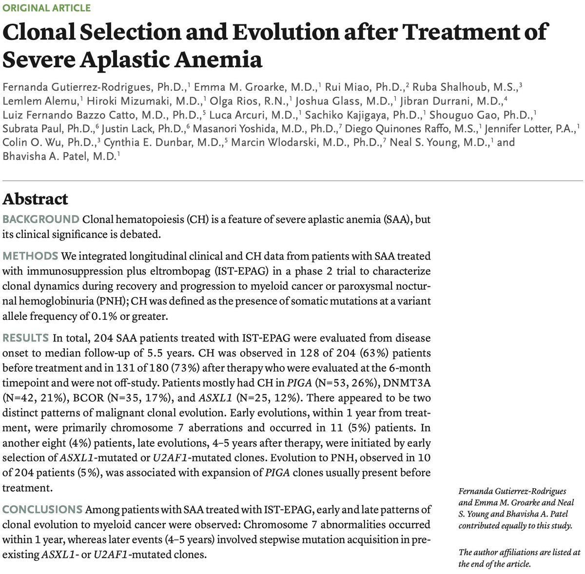 npunwani's tweet photo. 70% of aplastic anemia patients have clonal hematopoiesis, and 15% of them will develop further clonal evolution over the course of their lifetime. If clonal evolution festers, they can go on to develop myeloid malignancies like MDS or AML.

Most clonal hematopoiesis in aplastic anemia is accounted for by genetic mutations in PIGA, DNMT3A, BCOR, and ASXL1, with these clones sometimes preferentially expanding after therapy with immune suppression and eltrombopag. This in turn can lead to myeloid malignancy.

The clonal architecture of aplastic anemia is characterized by early (within 1 year of treatment) or late (after 1 year from treatment) clonal evolution. Early evolution of aplastic anemia into high risk MDS is typically mediated by a chromosome 7 structural aberration, whereas later evolution of aggressive myeloid malignancy usually requires a latency period of at least 2-5 years to manifest. 

Late evolution of high risk MDS is characterized by a mutually exclusive ASXL1 or U2AF1 founding mutation. Interestingly, the presence of one of those mutations is not enough to develop high risk MDS. Although ASXL1/U2AF1-mutated clones are detected in 24% aplastic anemia patients at 6 months after treatment with immune suppression and eltrombopag, only 14% of these patients develop high risk MDS. Additional linear evolution with accumulation of a "second hit" mutation like RUNX1 or SETBP1 is necessary for late, high risk MDS transformation.

Aplastic anemia patients can also have concomitant paroxysmal nocturnal hemoglobinuria (PNH). 35% patients with aplastic anemia have PNH clones of at least 1%. Evolution of PNH after aplastic anemia therapy is observed in 5% of patients and is associated with expansion of PIGA mutated clones, often present before treatment. PNH clones greater than 7% is the only predictor for developing clinical PNH after aplastic anemia treatment

@aamdsif 
https://t.co/3zJE93oc9a