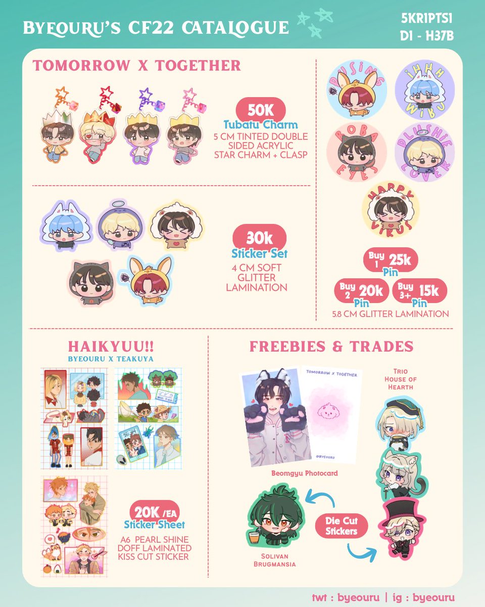 byeouru's tweet photo. [🔁 &amp; 🤍 are appreciated!!]

byeouru’s last minute OTS #comifuro22catalogue 

🗓️ OTS (SAT) 
📍 Booth H-37B | 5KRIPTSI
💛 Genshin, TXT, Detective Conan (DCMK), R1999, Haikyuu, Twisted Wonderland (TWST)

#cf22 #comifuro22 https://t.co/noRf6egDqx