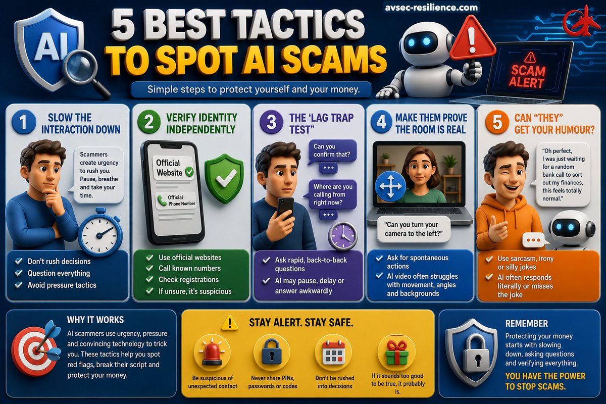 AvKeep's tweet photo. AI scams are becoming frighteningly realistic.

Before trusting a call, video, or “urgent” message:
• Slow the interaction down
• Verify identity independently
• Test for AI delays
• Watch for deepfake glitches
• Use humour/sarcasm to break scripts

If it feels rushed, pressured, or “too perfect” pause.

#CyberSecurity #AI #Fraud #Scams #Deepfake #SecurityAwareness