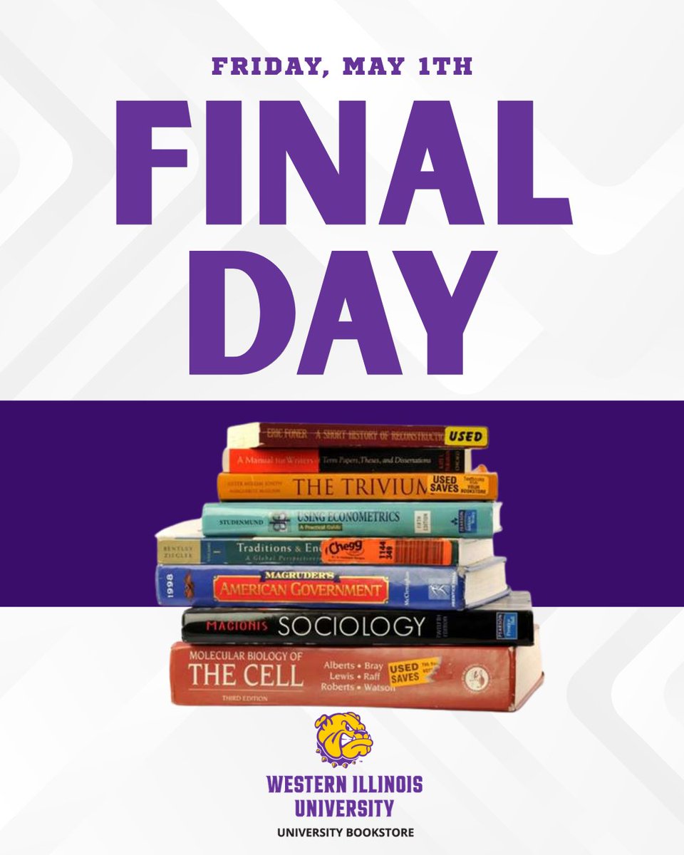 WIUBookstore's tweet photo. Today is the final day to sell back your textbooks and return rentals. Make sure to bring your WIU ID. 
#wiu #wiubookstore #textbooks #buyback #rentals https://t.co/WwkBb3hi2k