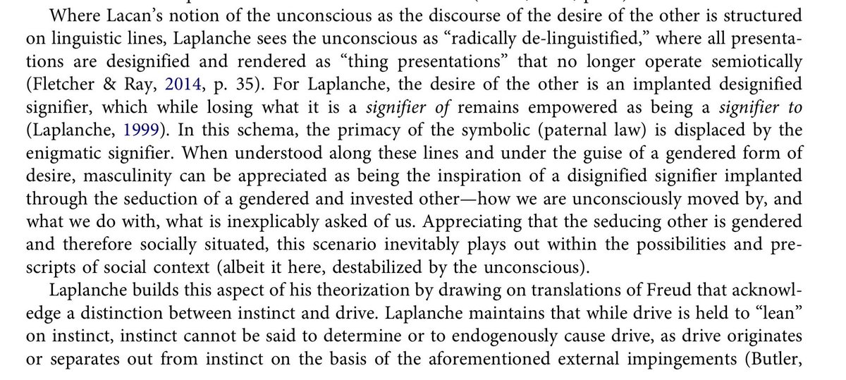 SamBaudinette's tweet photo. A very helpful summary of the relationship and difference between Lacan and Laplanche by Thomas Burkhalter which explains how to conceive of the unconscious as “a structured, like-a-language” rather than as “structured like a language.” https://t.co/3KKM1yuyOS