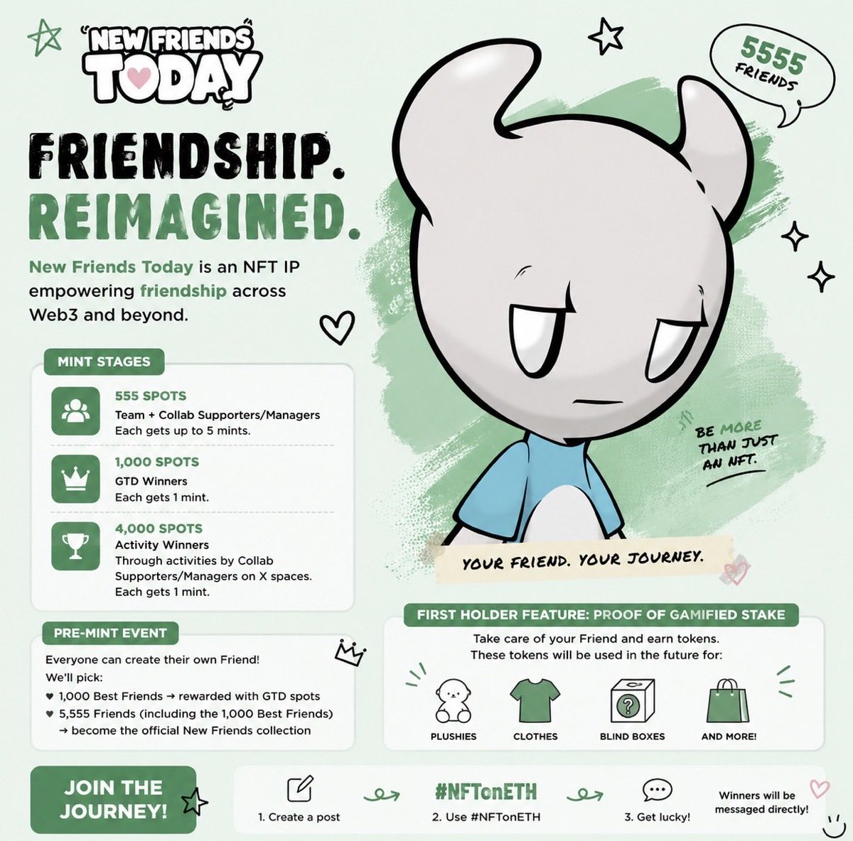 MLdupont's tweet photo. I really like the direction @NFTonETH is taking.

Instead of just another NFT collection, they’re trying to build an actual IP around friendship that both Web3 and Web2 people can enjoy.

5,555 Friends.
Community-made designs.
Gamified staking where you take care of your Friend to earn tokens.

And eventually those tokens can be used for:
Plushies, Clothes, Blind boxes, Physical merch

One thing I find cool is that the community can literally create their own Friends before mint, and some of them will become part of the official collection forever.

Feels more interactive than most projects out there.

Also trying my luck for a GTD spot 👀

If you’re interested and want to join the gated community let me know 

#NFTonETH