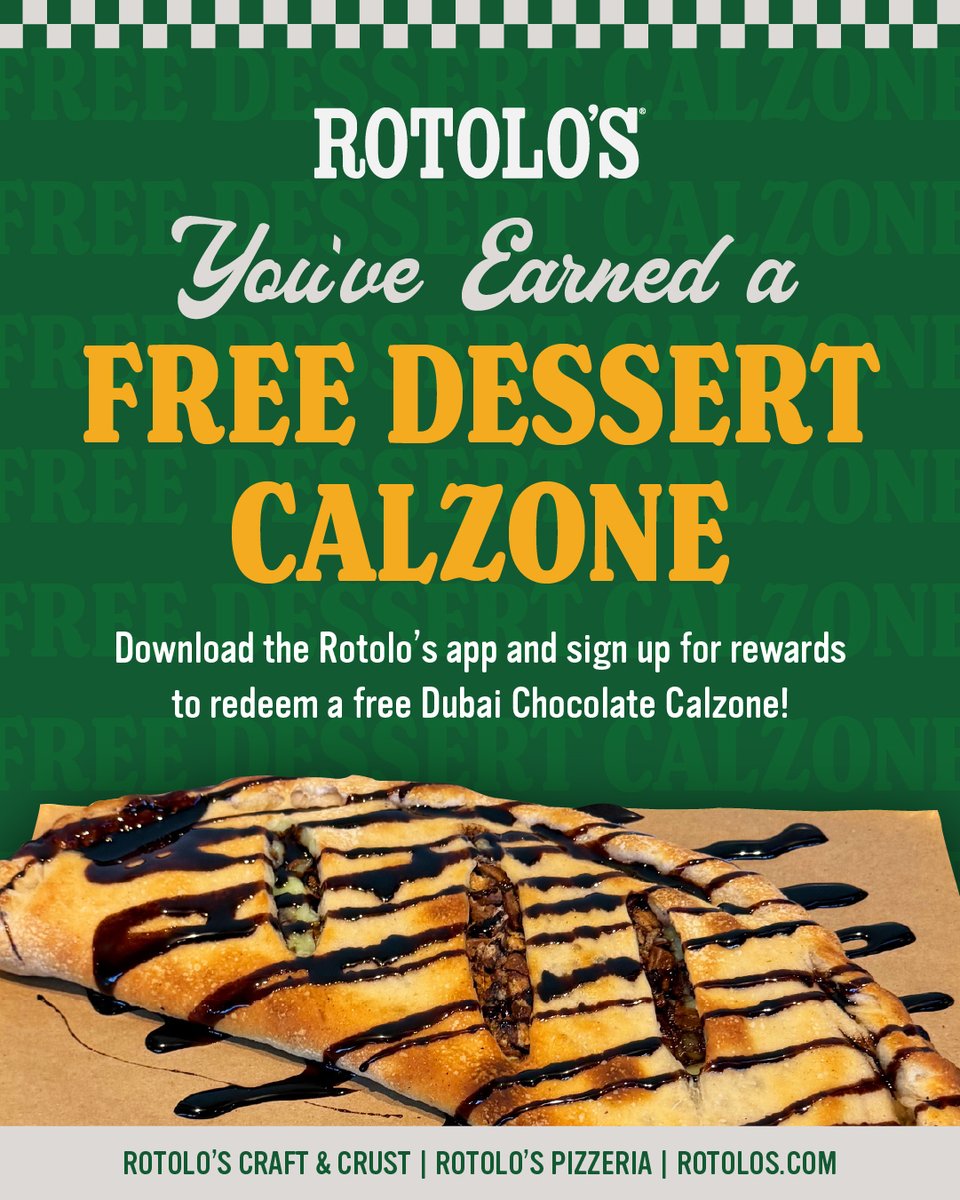 Rotolos's tweet photo. LOYALTY MEMBERS, be sure to grab your FREE Dubai Chocolate Dessert Calzone in the app 🍫✨ Not a loyalty member yet? Sign up in the Rotolo's app today! https://t.co/oGMuuPPI8S