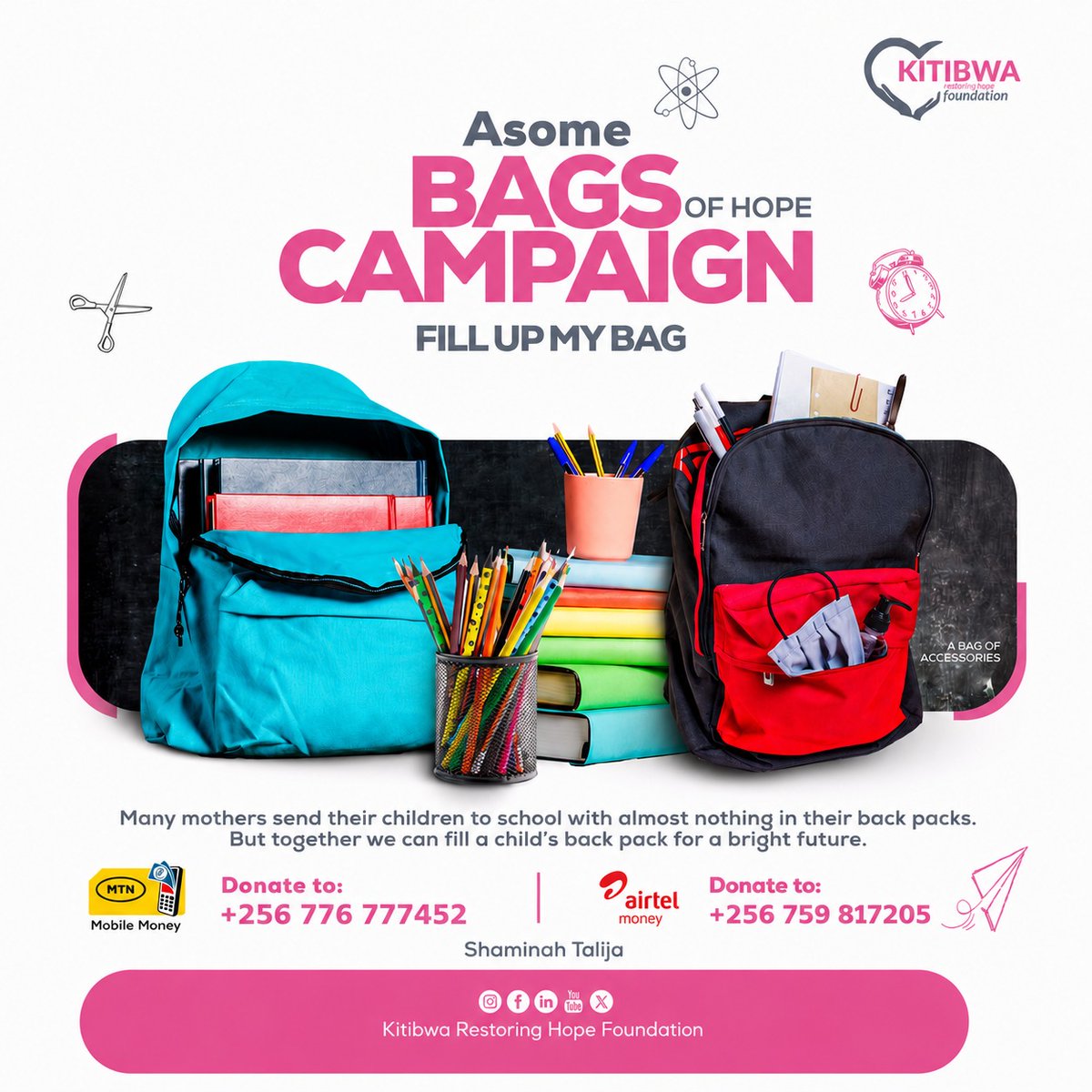 Kitibwa_fdn's tweet photo. A single backpack can be the difference between a child staying in school or dropping out.

Inside every Asome Bags of Hope backpack, a child finds scholastic materials and the realization that someone, somewhere, believes in them.

Help us restore hope one bag at a time. https://t.co/3w1ZPsu58i