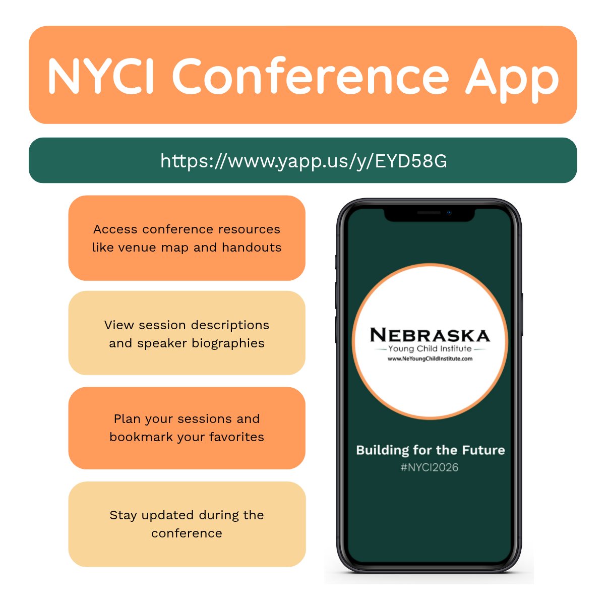 NebraskaYCI's tweet photo. 📱 New for #NYCI2026: The NYCI Conference App replaces printed schedules! ✔ Plan sessions, bookmark favorites, access resources, and stay updated—no login needed! Download before the conference: https://t.co/tDwOyhJKWd https://t.co/OYLzPG2oWB