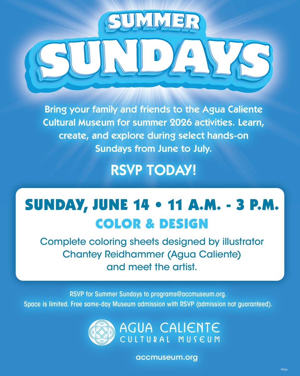 ACC_Museum's tweet photo. ☀️ Summer just got more exciting! Join us at the Agua Caliente Cultural Museum this summer for hands-on activities the whole family will love. Space is limited — RSVP today to programs@accmuseum.org and enjoy free same-day museum admission! 🌴🎨
#ACBCI #AguaCaliente https://t.co/VutCNmr1wu