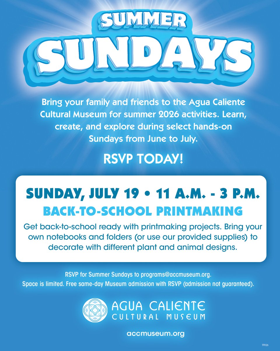 ACC_Museum's tweet photo. ☀️ Summer just got more exciting! Join us at the Agua Caliente Cultural Museum this summer for hands-on activities the whole family will love. Space is limited — RSVP today to programs@accmuseum.org and enjoy free same-day museum admission! 🌴🎨
#ACBCI #AguaCaliente https://t.co/VutCNmr1wu