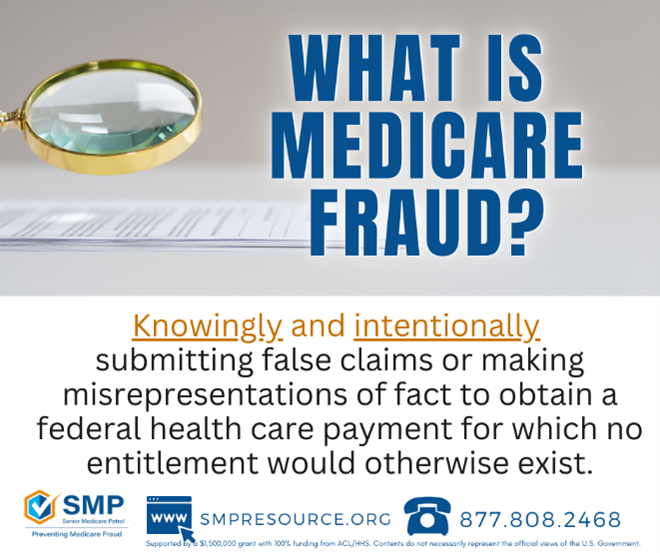 GeneseeHealth's tweet photo. Medicare fraud happens when someone knowingly submits false claims to bill Medicare for services or items. Stop fraud by reviewing Medicare statements &amp; reporting anything incorrect or suspicious. GHP Medicare hotline: (810) 339-6363
#PreventDetectReport #SeniorMedicarePatrol https://t.co/SVGRGp8wkp