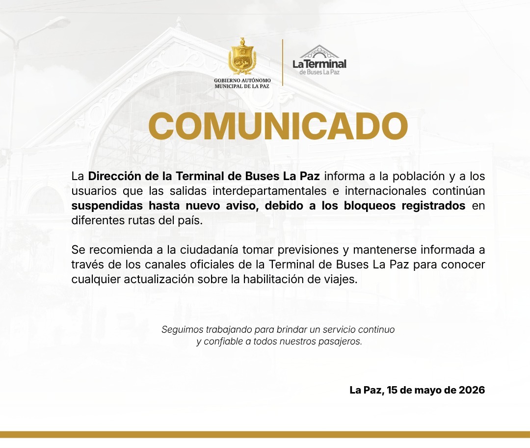 LaRazon_Bolivia's tweet photo. #Sociedad | La Terminal de Buses de La Paz informa que las salidas interdepartamentales e internacionales continúan suspendidas, a causa de los bloque0s registrados.
#larazóndigital #TerminaldeBuses #LaPaz #Viajes #Bloque0 https://t.co/ygV3SK49kE