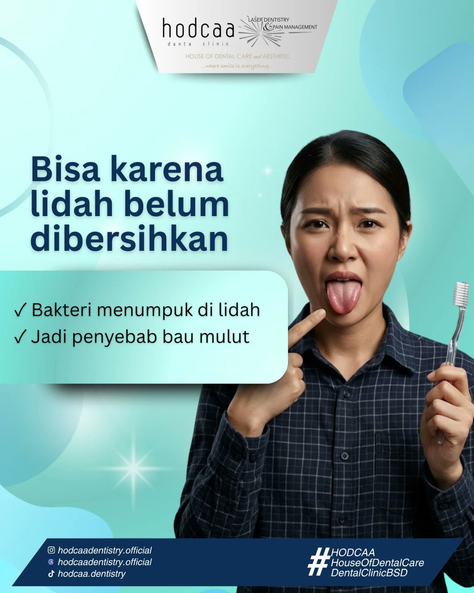 Hello__Dental's tweet photo. Udah rajin sikat gigi tapi mulut masih kurang segar?” 👅🪥

Bakteri yang menumpuk di permukaan lidah dapat menyebabkan bau mulut dan membuat rasa tidak nyaman saat berbicara 🤧

#HodcaaDentalClinic #DentalClinicBSD #HodcaaBSD #PremiumDentalClinic #aestheticdental https://t.co/QAuEvUXDI4
