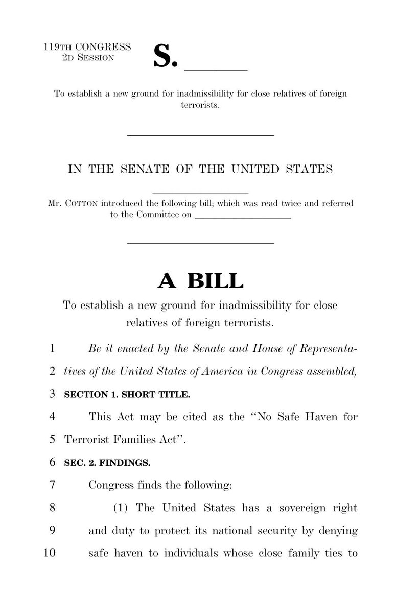 ⚡ El presidente del Comité de Inteligencia del Senado, @SenTomCotton, presenta la “Ley de Prohibición de Refugio Seguro para Familias de Terroristas” para impedir la entrada a Estados Unidos a familiares de terroristas antiamericanos, líderes de regímenes terroristas y…