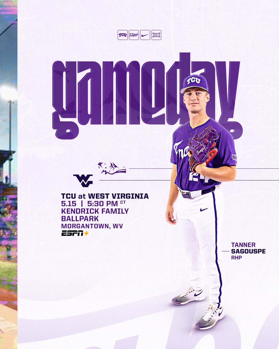 TCU_Baseball's tweet photo. game ✌️

🆚 No. 9 West Virginia
⏰ 5:30 PM CT
🏟️ Kendrick Family Ballpark
📺 ESPN+
🔗 https://t.co/l5xd55nIeA

#GoFrogs | #FrogballUSA https://t.co/M6przWeziC