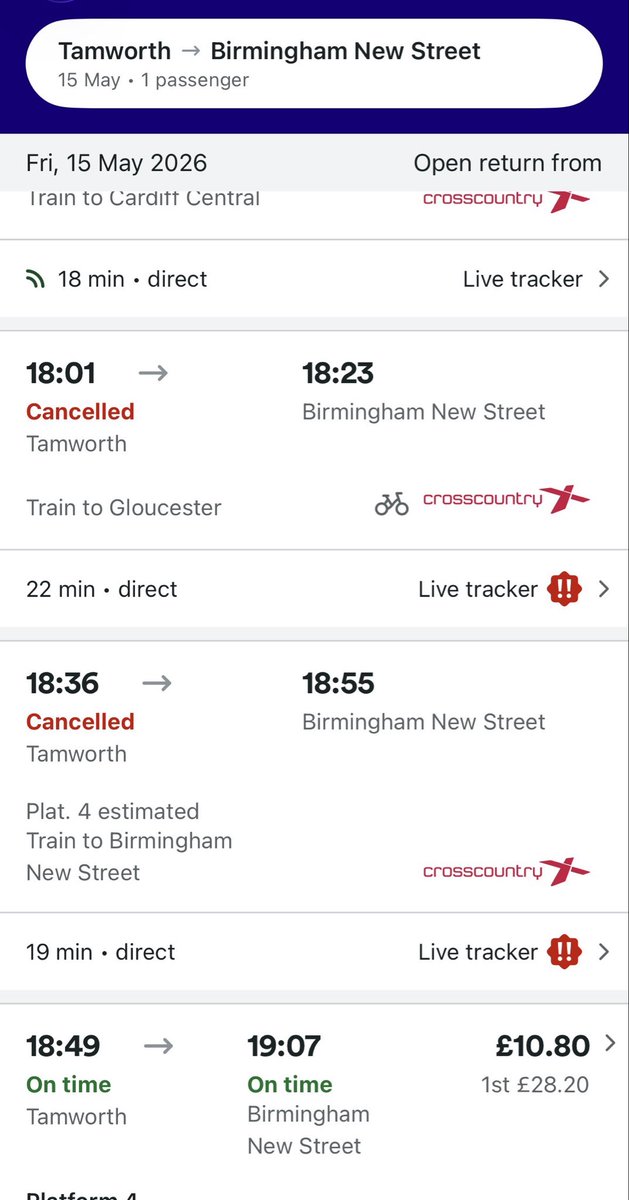 Matt__Logan_'s tweet photo. @CrossCountryUK finish work at 5 in Tamworth. 
Get to Birmingham for an event that starts at 7pm.
No problem. Jump on a train and chill for 20mins 🙄
What is the point of public transport when it’s quicker, cheaper and more reliable to just drive. https://t.co/bpNfeh6frb