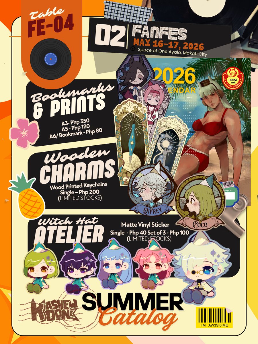 kashewdon's tweet photo. ☀️ Bringing most of my sticker catalog and some new merch this weekend at Space at One Ayala! 🌊

See you at FanFes, Table FE-04 on May 16–17! ⚡️

Featuring merch from:
🌟 Witch Hat Atelier, Uma Musum,  JoJo Steel Ball Run

#Fanfes2026 #FanfairatFanfes2026 https://t.co/ZBytT0JnhN