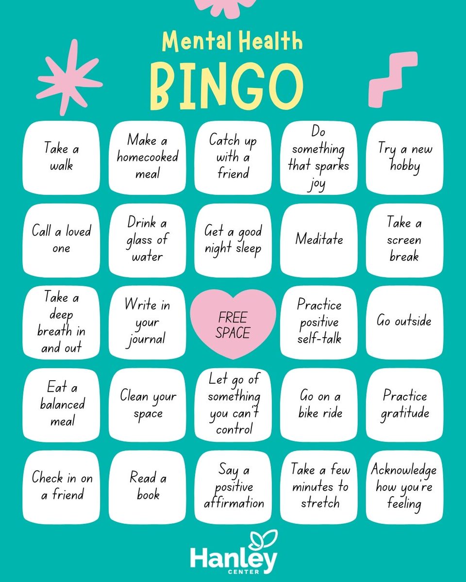 HanleyCenter's tweet photo. Who’s calling BINGO!?🤍
This Mental Health Awareness Month, see how many small acts of self-care you can check off.
#mentalhealthawareness #mentalhealth #mentalhealthawarenessmonth #mentalhealthgraphic #bingo https://t.co/VXmm5QbbqX