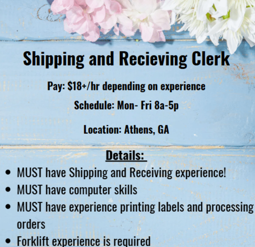ExpressEmp_Ath's tweet photo. If you or someone you know might be interested please call 706-548-0625 to set up and interview.
#NowHiring #ShippingAndRecievingClerk #ExpressPros #ExpressAthens https://t.co/vOvzeFSN2n