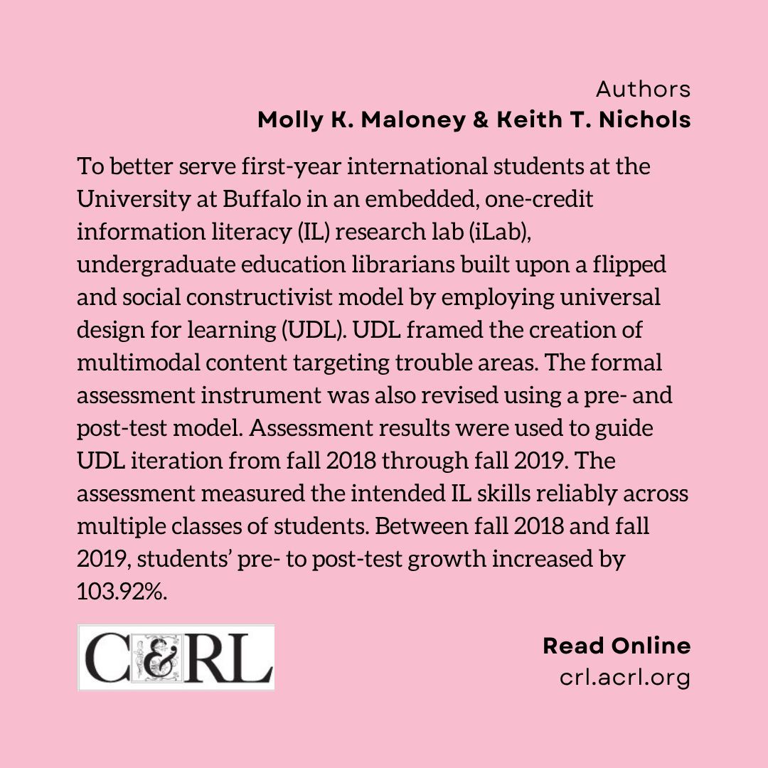 CRL_ACRL's tweet photo. Inclusive Information Literacy in Action 

This case study shows that applying UDL to an embedded IL course for non‑native English speakers more than doubled learning gains over a year. Flexible, multimodal design = better outcomes for all students.

Read: https://t.co/fpHDfjn0pj https://t.co/2j3Xu2MYet