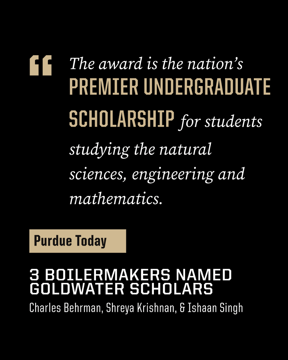 PurdueNISO's tweet photo. Purdue Today News Release: https://t.co/msifPSfwht

#Purdue had 3 2026 #GoldwaterScholars: @PurdueNuclear Charles Behrman, @PurdueBME Shreya Krishnan, and @PurduePhysAstro &amp; @PurdueChemistry Ishaan Singh

@PurdueEngineers @PurdueScience @lifeatpurdue #PurdueNISO #SparkYourSuccess https://t.co/C8jE5yW4Ty