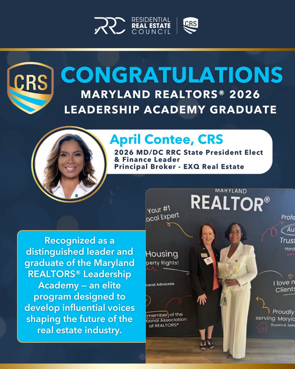 ThisIsRRC's tweet photo. Congrats to April Contee, CRS, 2026 MD/DC RRC State President Elect, on graduating from the Maryland REALTORS® Leadership Academy! 👏🎓We’re proud to celebrate April’s continued commitment to leadership, education &amp; service within the industry and our RRC community. 💙 https://t.co/J9yXUci9BC