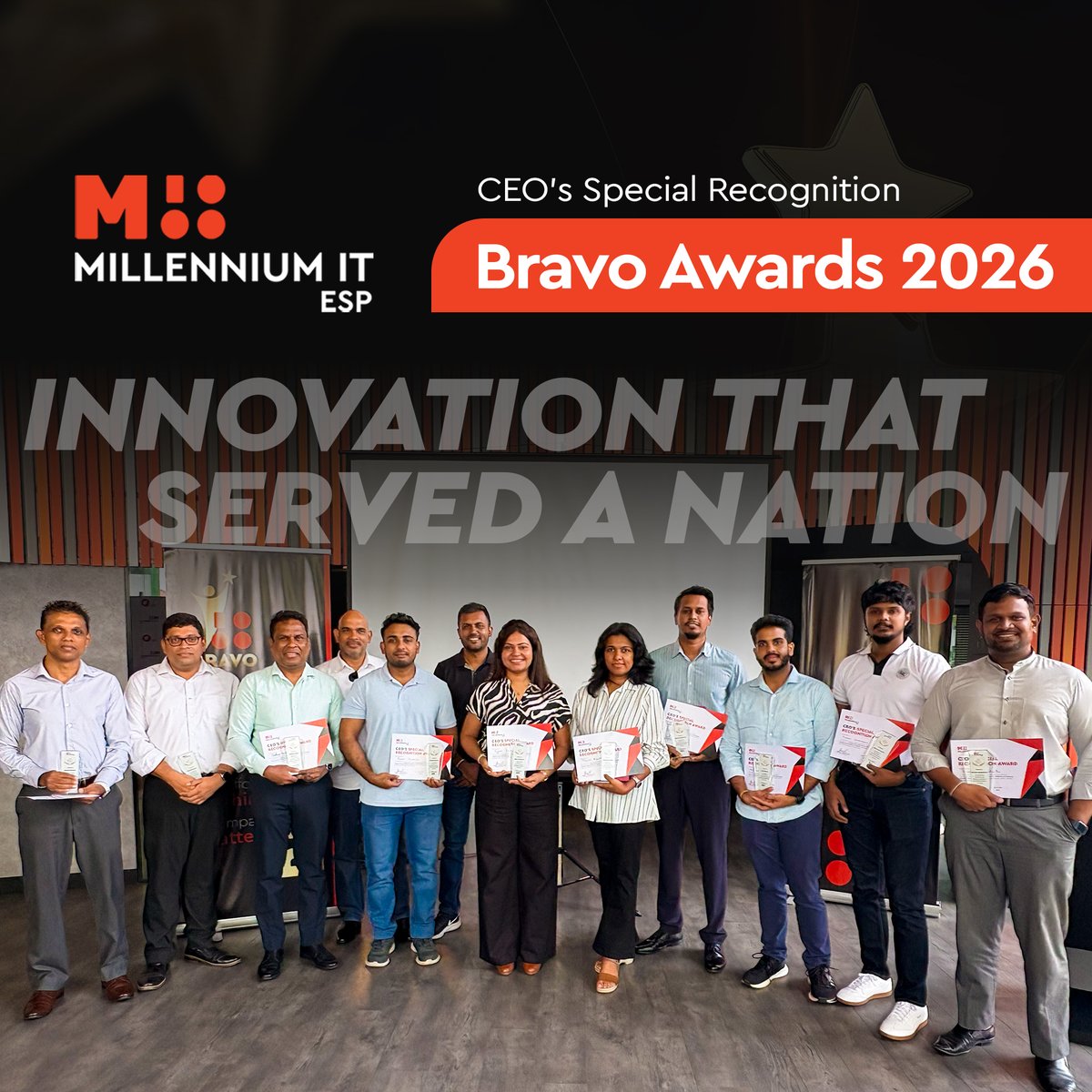 MillenniumITESP's tweet photo. CEO’s Special Recognition - the highest honour under #MITESP’s #BravoAwards - recognised teams who stepped up when it mattered most.

From Sri Lanka’s national donation platform to #CycloneDitwah recovery efforts, these teams demonstrated resilience, teamwork, and impact. https://t.co/169BpWLKZQ